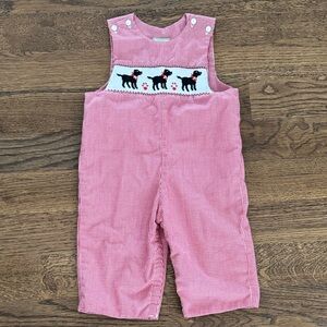 Red Gingham Smocked Embroidered Dogs Romper